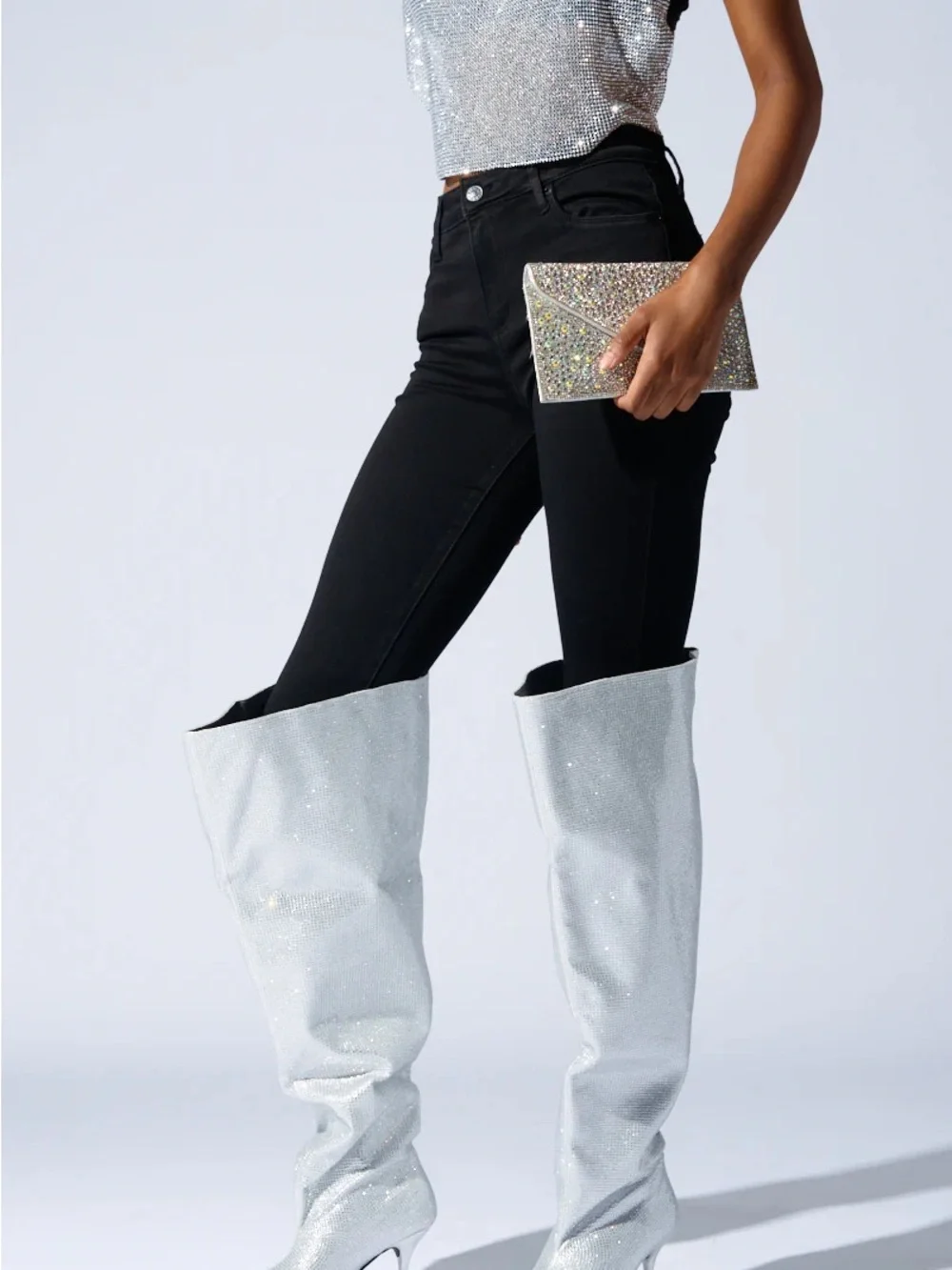 Glitter Over-The-Knee Boots in Silver